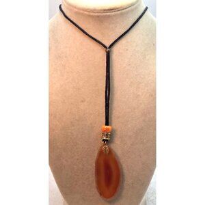 Natural Agate Pendant Necklace With Adjustable Black Cord & Orange Bead Accent